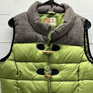 RuffHewn Puffer Vest Women Lrg Green Brown Toggle Wool Mix Excellent Herringbone